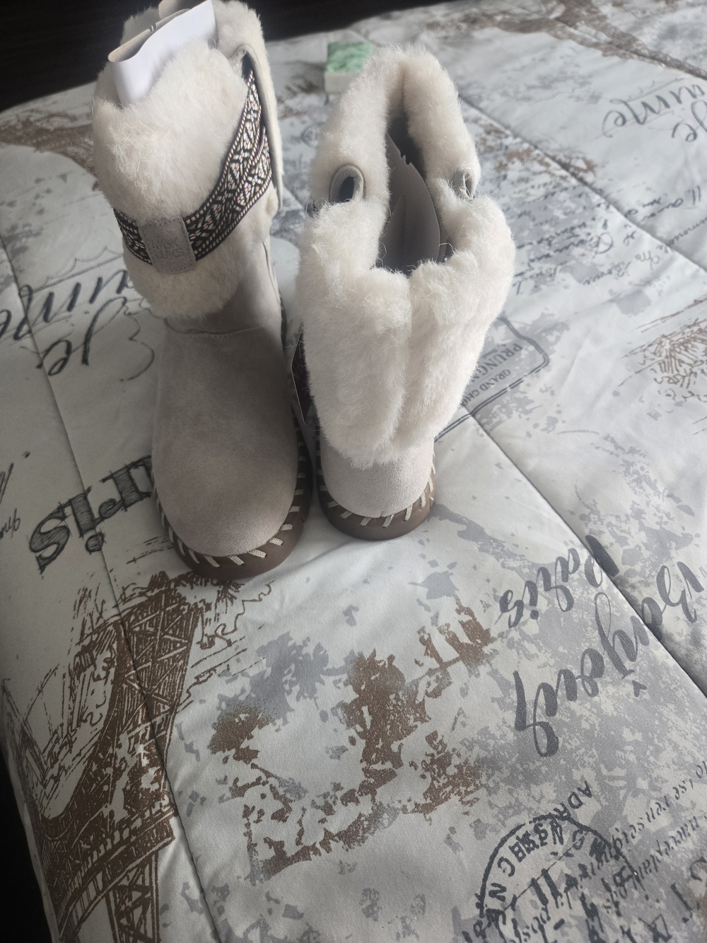 Muk Luks Cream Faux-Suede Shearling Cuff Winter Boots with Patterned Trim - Picture 2 of 3